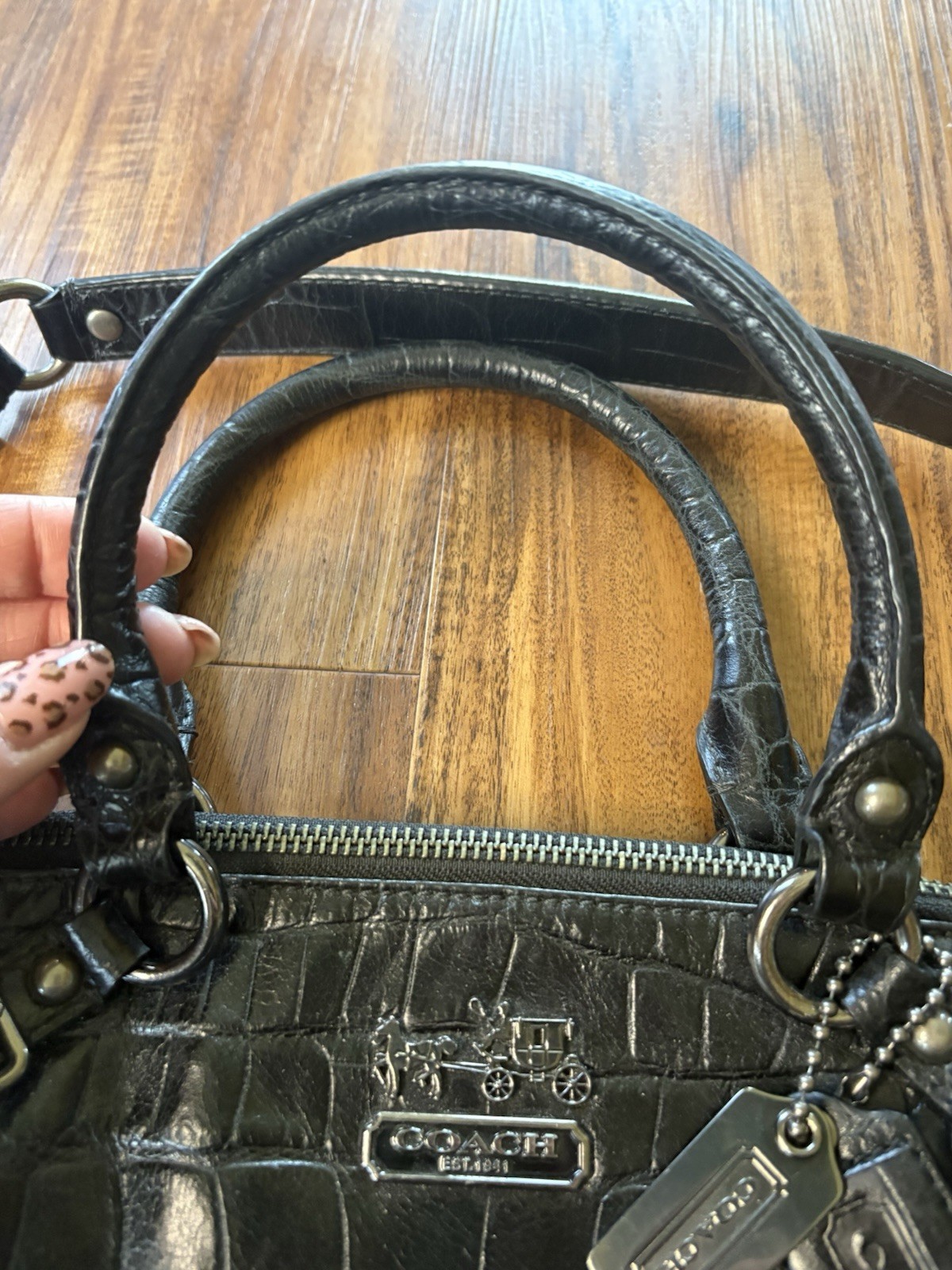 Coach 15924 Madison Embossed Sophia Bag Black With Purple Lining With Charms