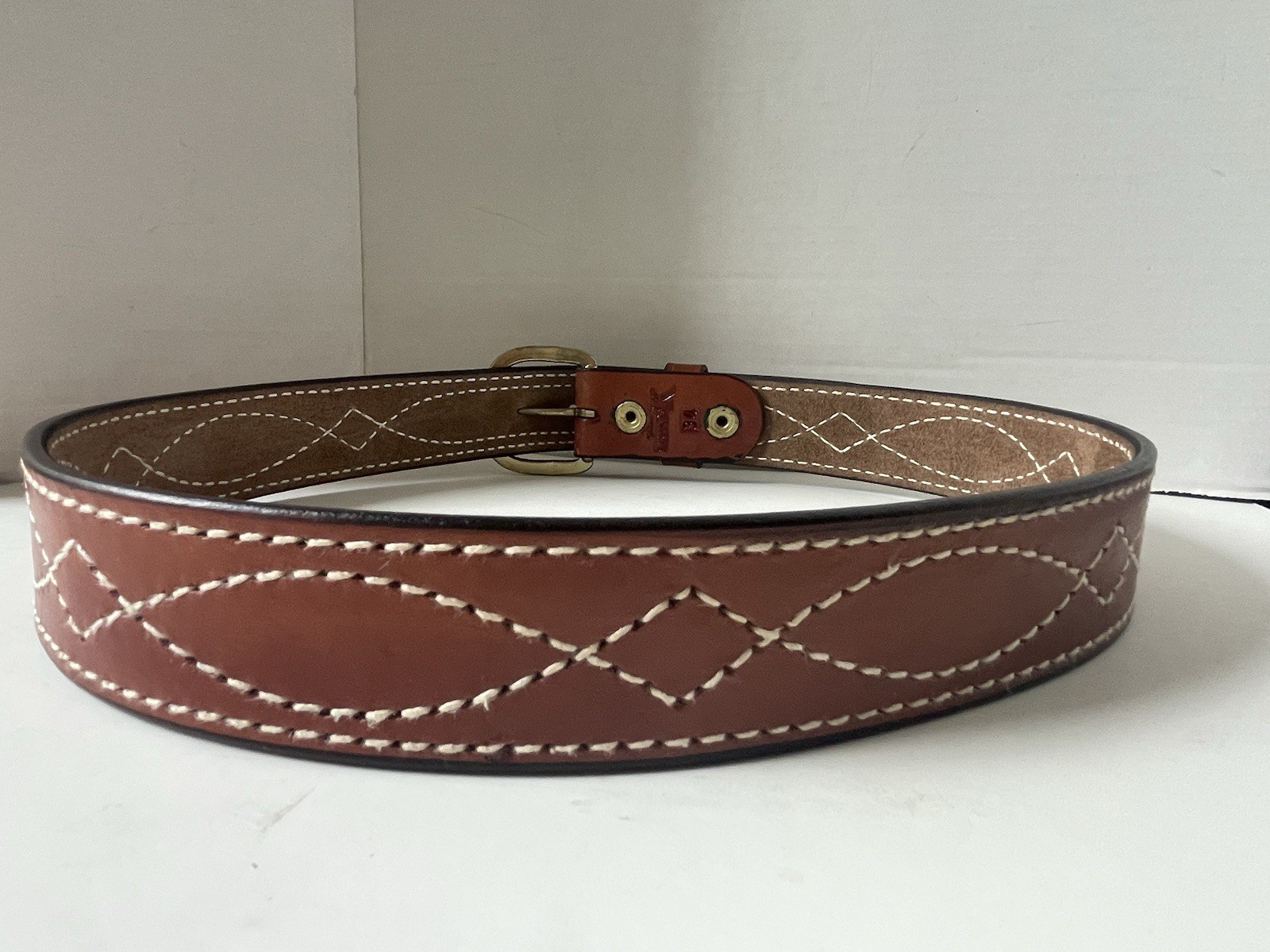 Triple K Leather Stitched Belt Size 34 Brown Brass Colored Buckle With Loop USA