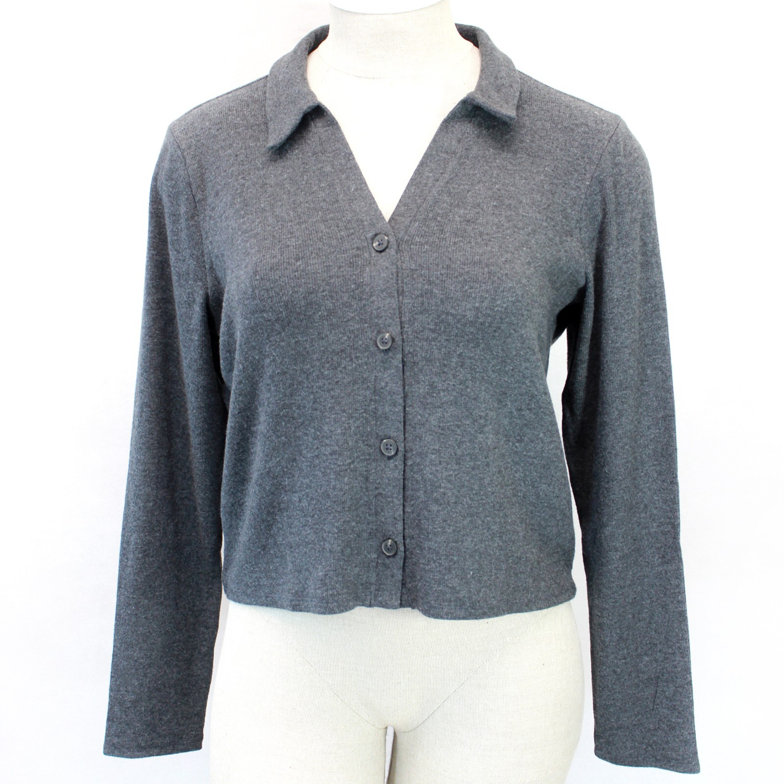 Madewell Dark Gray Brushed Rib Polo Crop Collared Cardigan XS