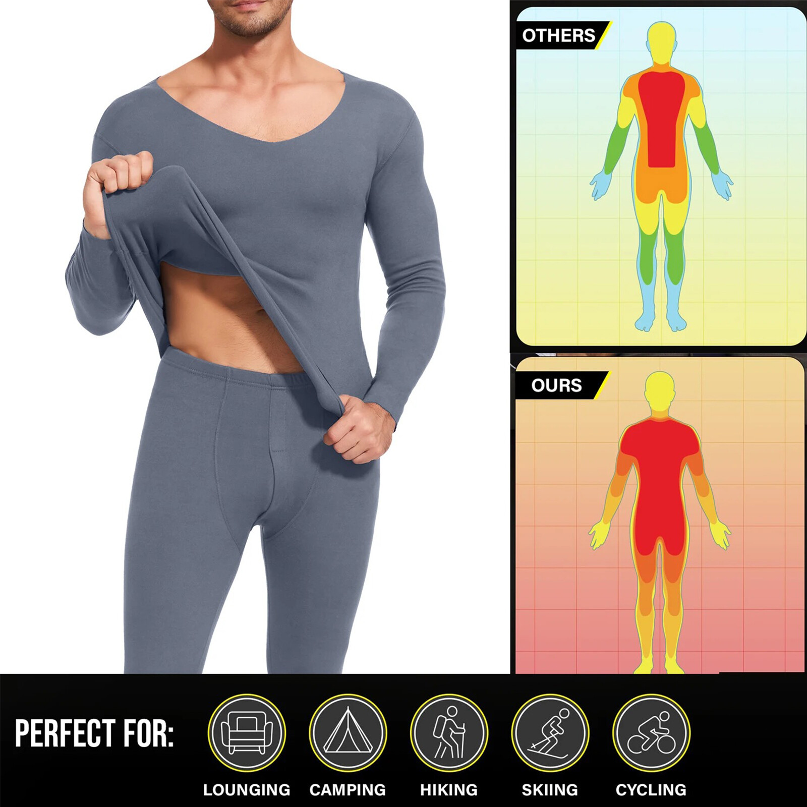 Men Thermal Warm Underwear V Neck Soft Fleece Lined Long Johns Set Top & Bottom