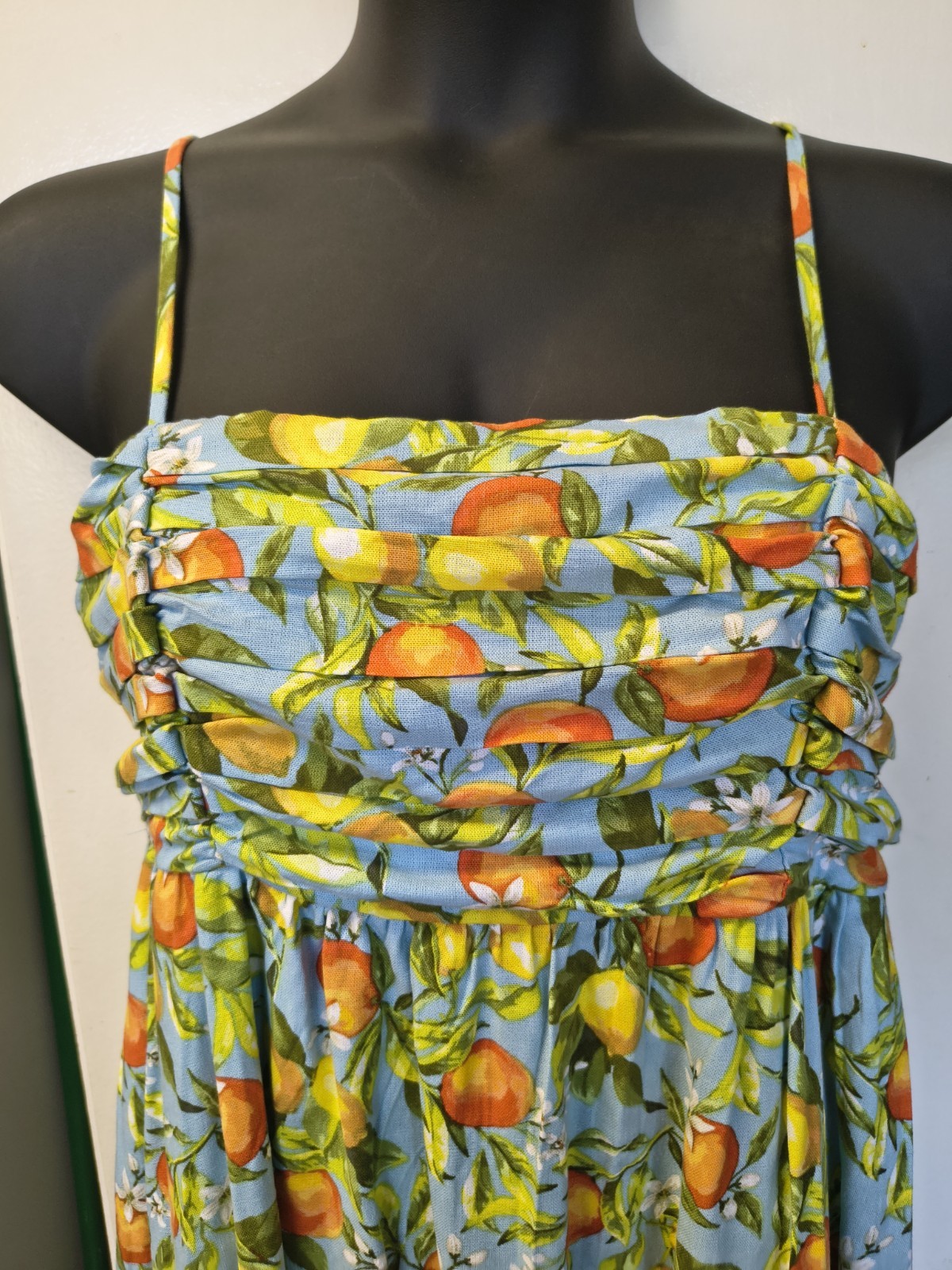 Women Large Free Assembly Linen Blend Maxi Dress Fruit Lemon Oranges Print Dress