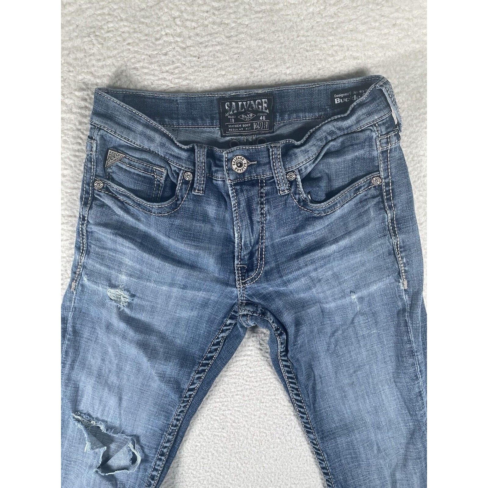 Salvage Buckle Mayhem Jeans Mens 29R 30×30 Blue Denim Distressed Boot Cut Y2K