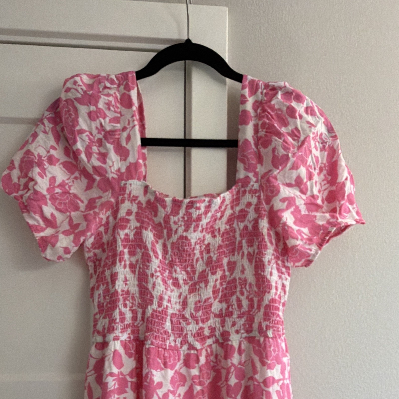 Women’s Pink & White Floral Smocked Square Neck Puff Sleeve Maxi Dress L