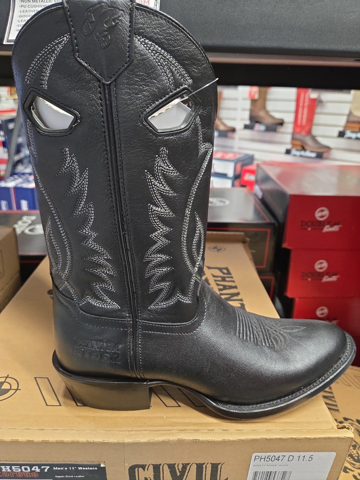PH5047 8.0D PHANTOM RIDER BY DOUBLE H 11″ BLK LEATHER ROPER BOOTS NEW IN BOX