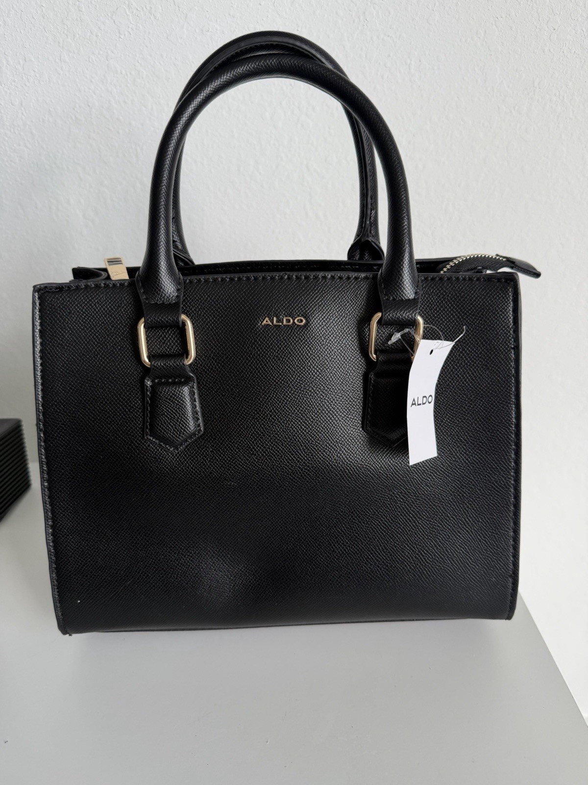 NWT ALDO Black Satchel Crossbody Shoulder Handbag Gold Hardware Zip Top