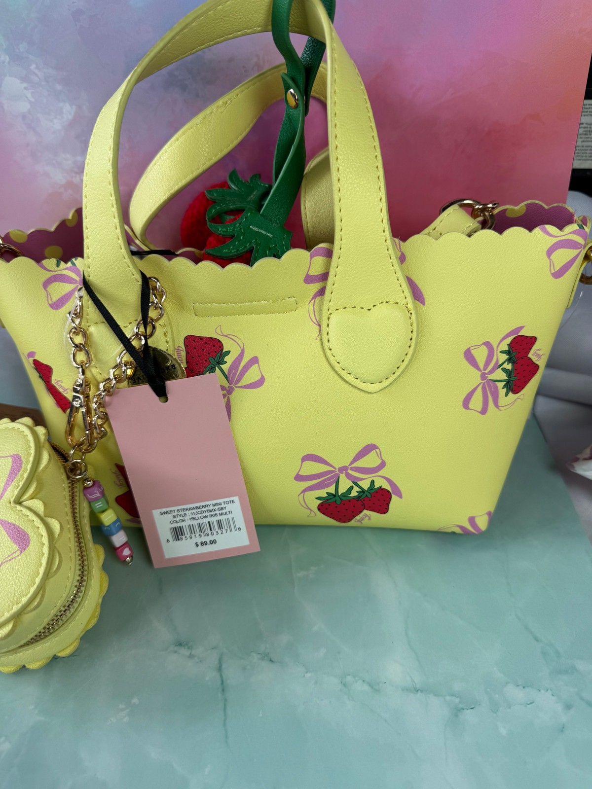 Betsey Johnson Sweet Strawberry Mini Tote Bag NWT Charm Yellow Pink