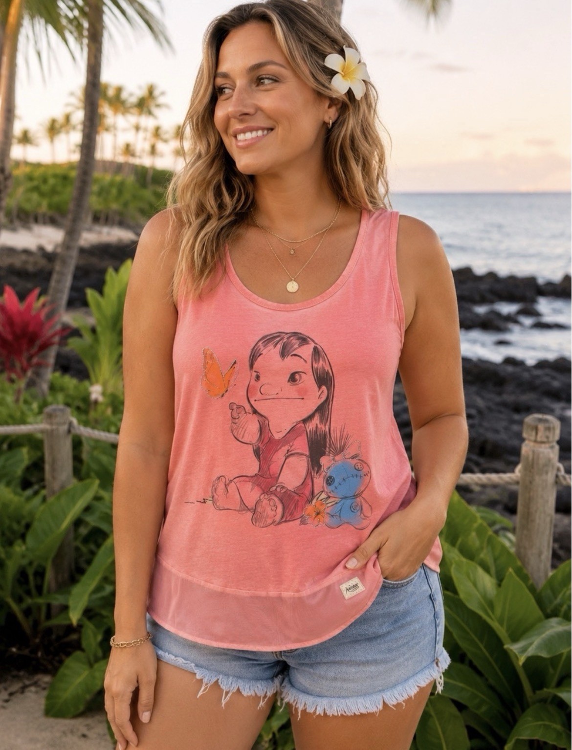 Disney Animators’ Coll. Lilo & Scrump Pink Tank Top sheer hem & back flowy XL