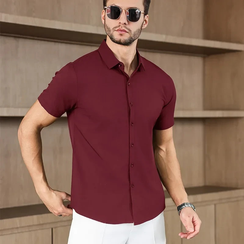 Men’s Business Casual Short Sleeve Shirt Summer Solid Color Top