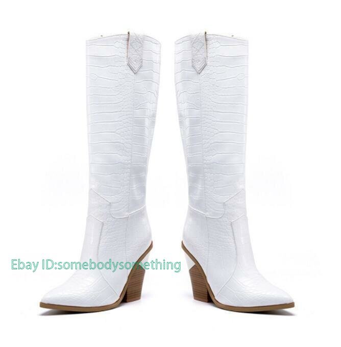 Women Pointy Toe Block Heel Cowboy Knee High Boots Pull On Outdoor Casual Shoes