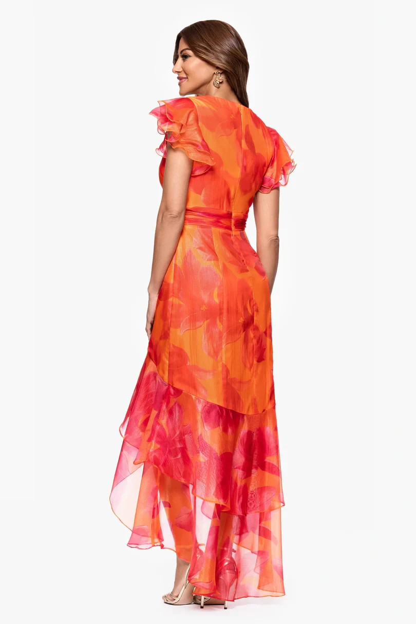 Xscape Coral Orange Pink Organza Floral High Low Gown Size 16W $279