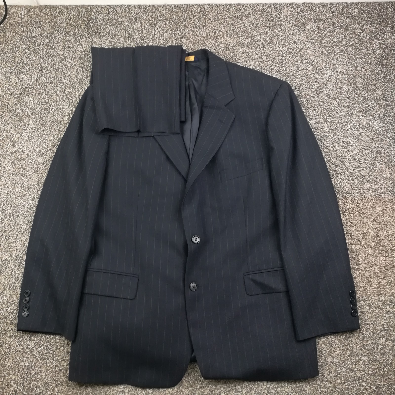 Brooks Brothers 44S Wool Chalk Striped Stretch 2 PC Suit Navy Blue 36×29