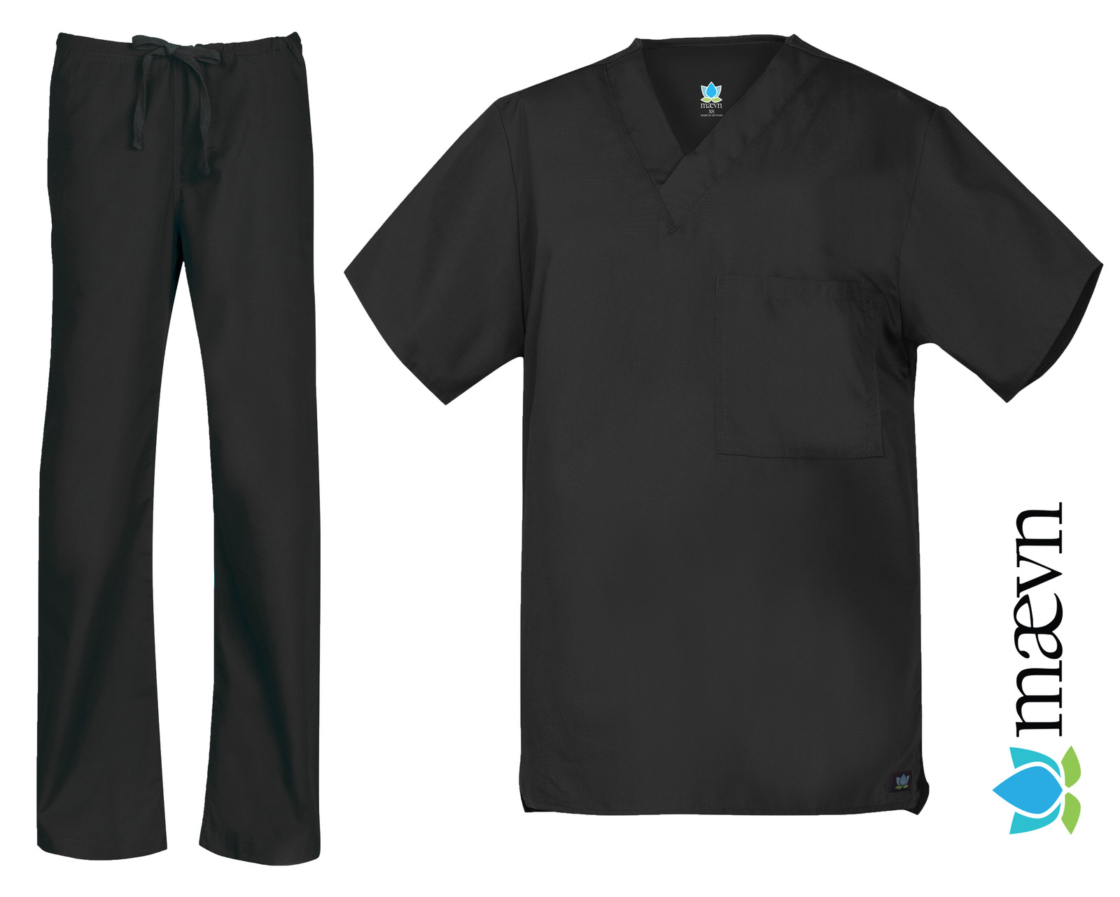 Maevn Unisex Black Scrub Set One Pocket V-Neck Top Drawstring Pants 2XS to 2XL