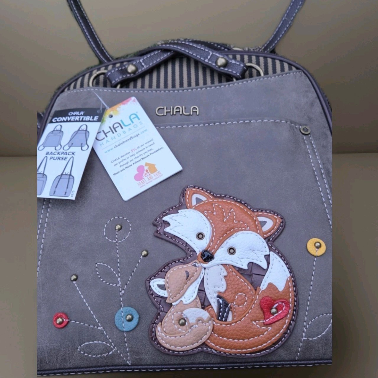 CHALA Convertible Backpack Purse Fox Patch Zip, Detachable Adjustable Strap