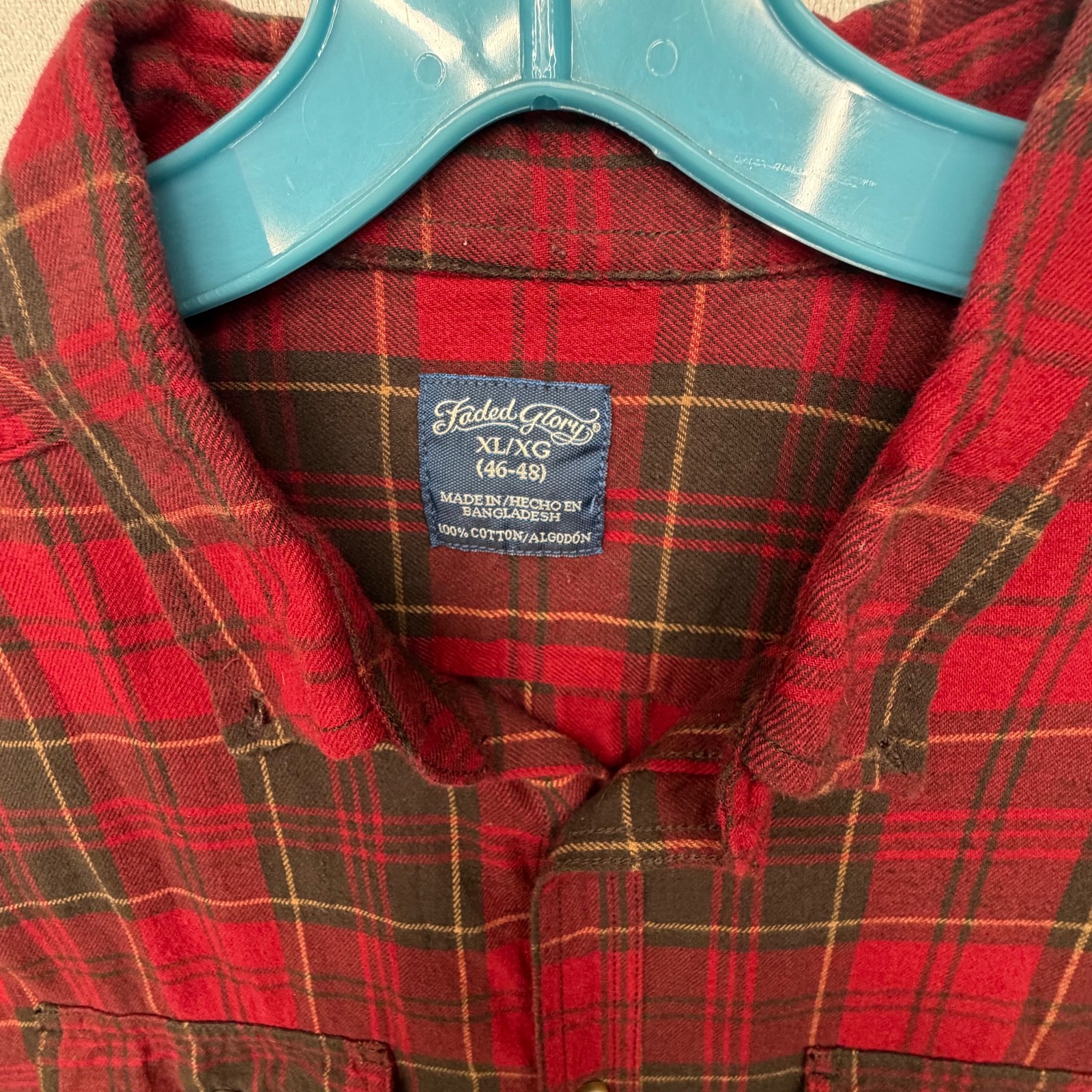 Faded Glory Flannel Button Down Shirt Mens XL Red Plaid Long Sleeve Button Down