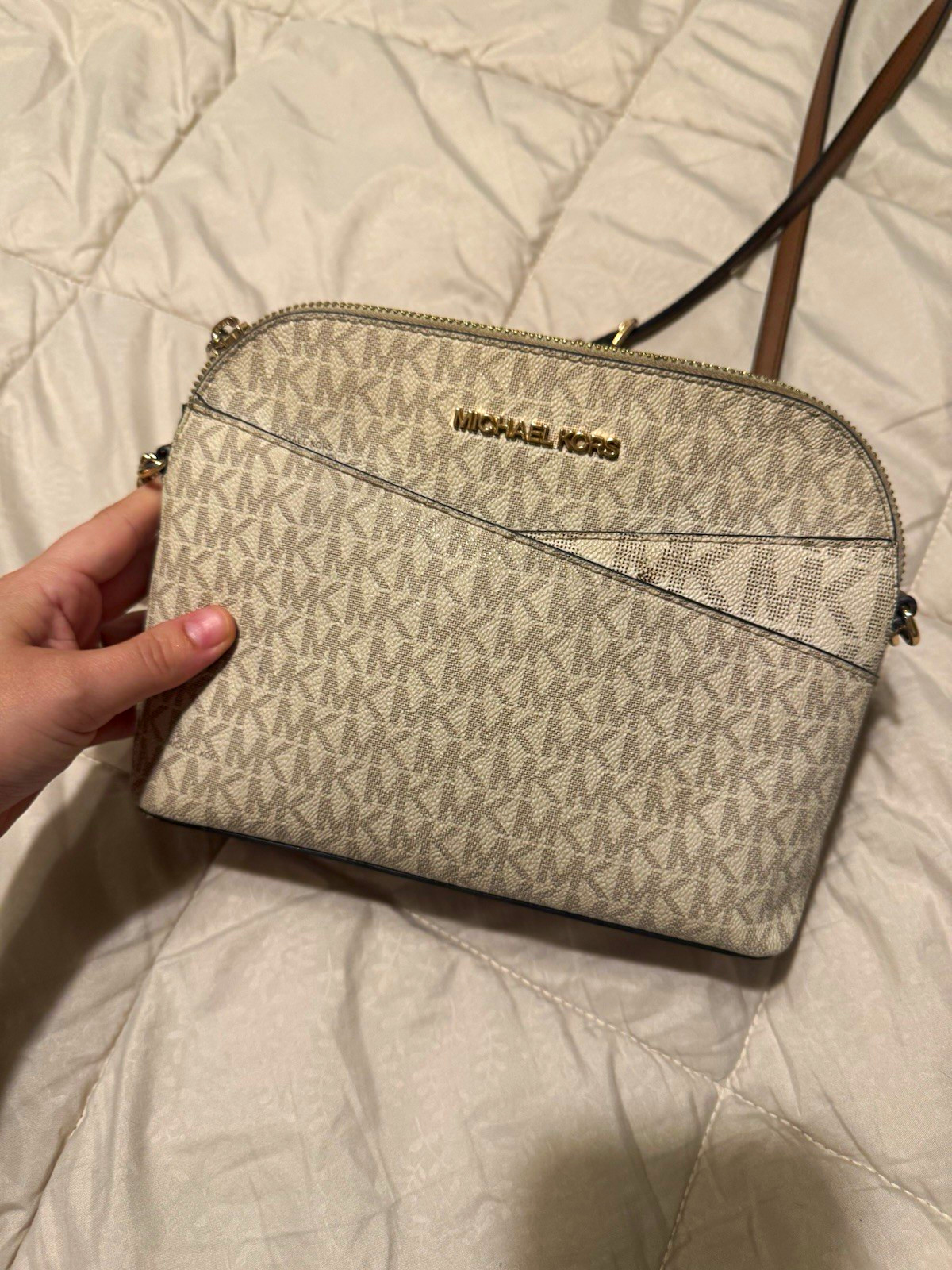 Michael Kors Monogram Zip Crossbody Bag Beige Chain Strap Gold Hardware