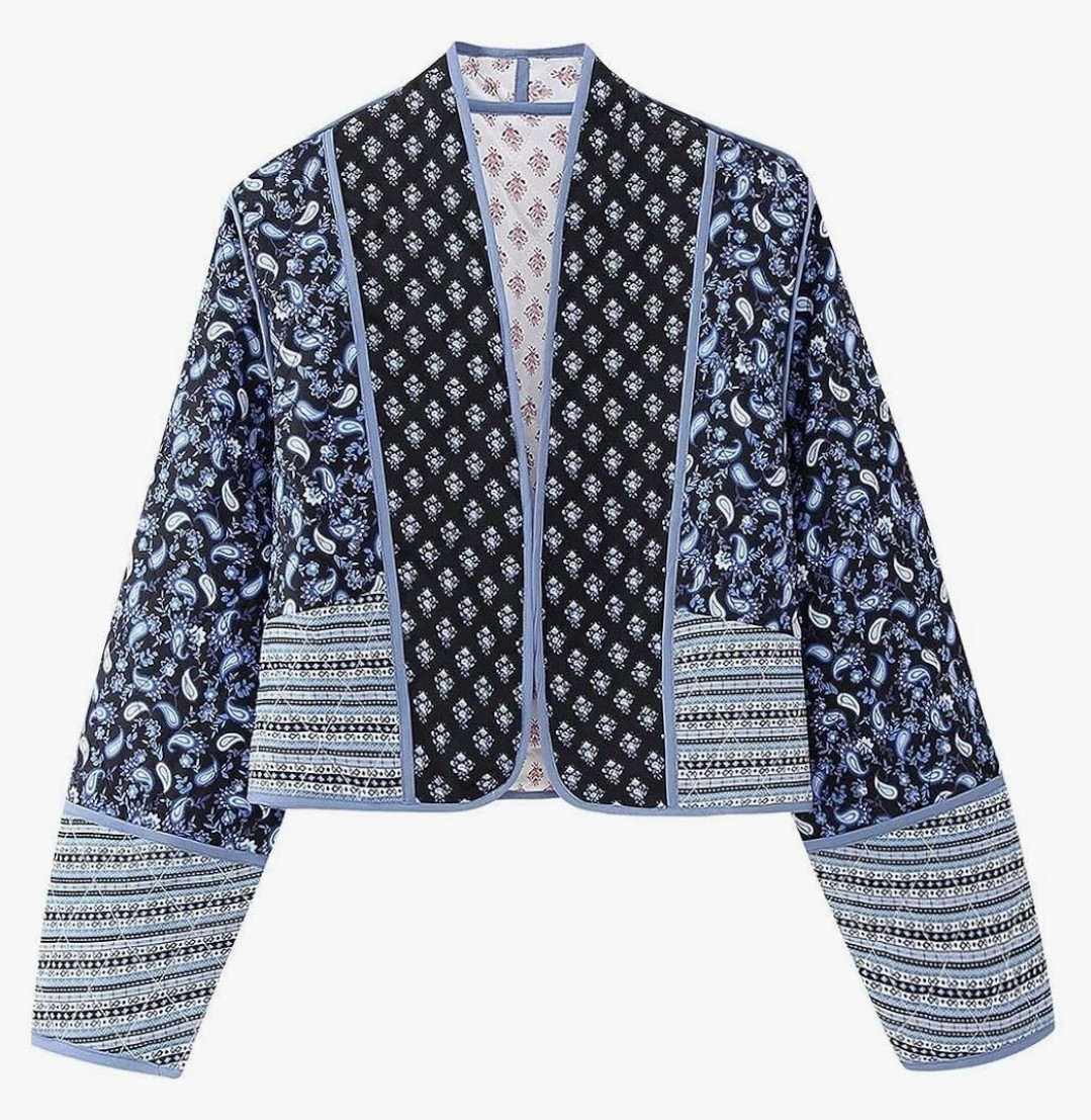 ​Womens Reversible Quilted Jacket Medium Cropped Patchwork Paisley Floral Boho