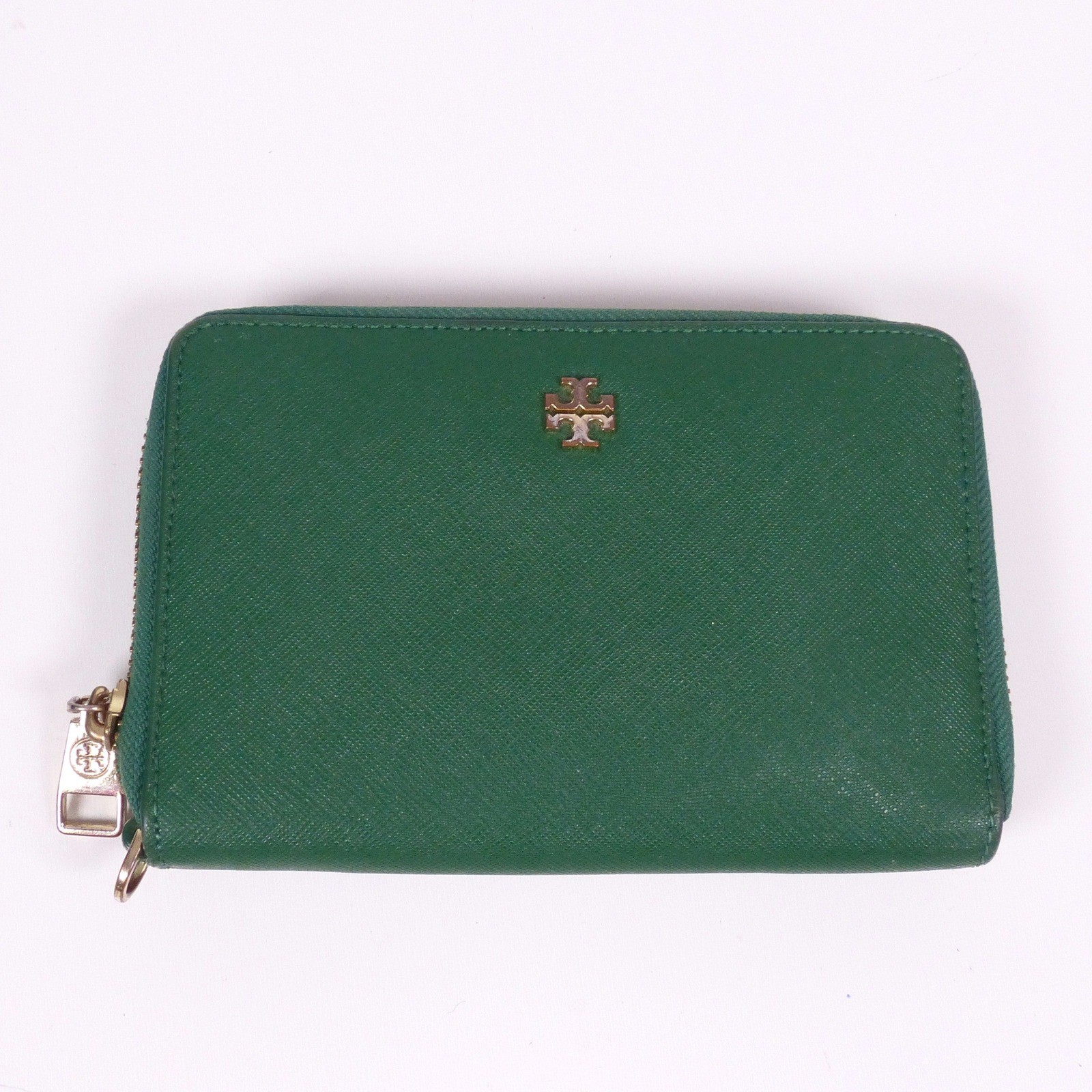 Tory Burch Green Zip Around Womens Wallet Card Slots Coin Pocket Saffiano READ
