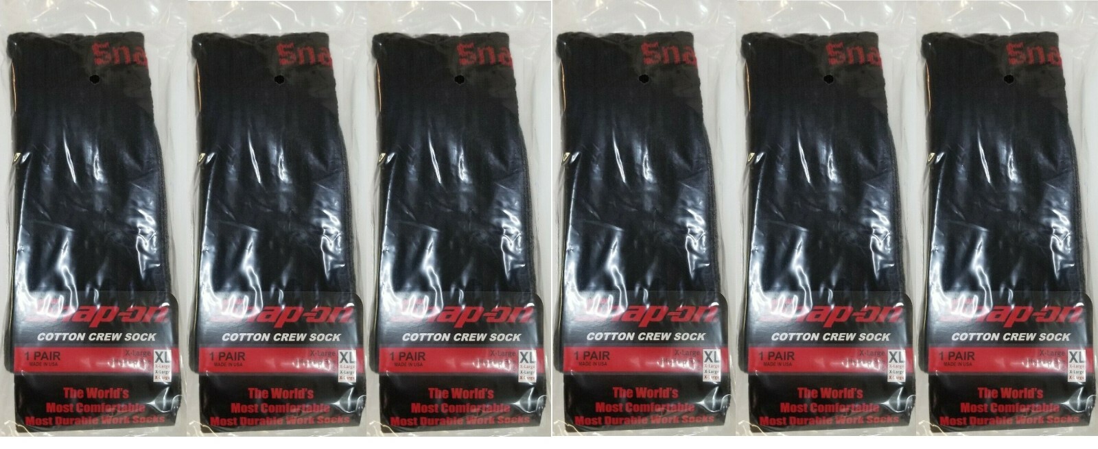 6 PAIRS Snap-On Crew Socks Men’s BLACK X-LARGE *FREE SHIPPING* MADE IN USA *NEW*