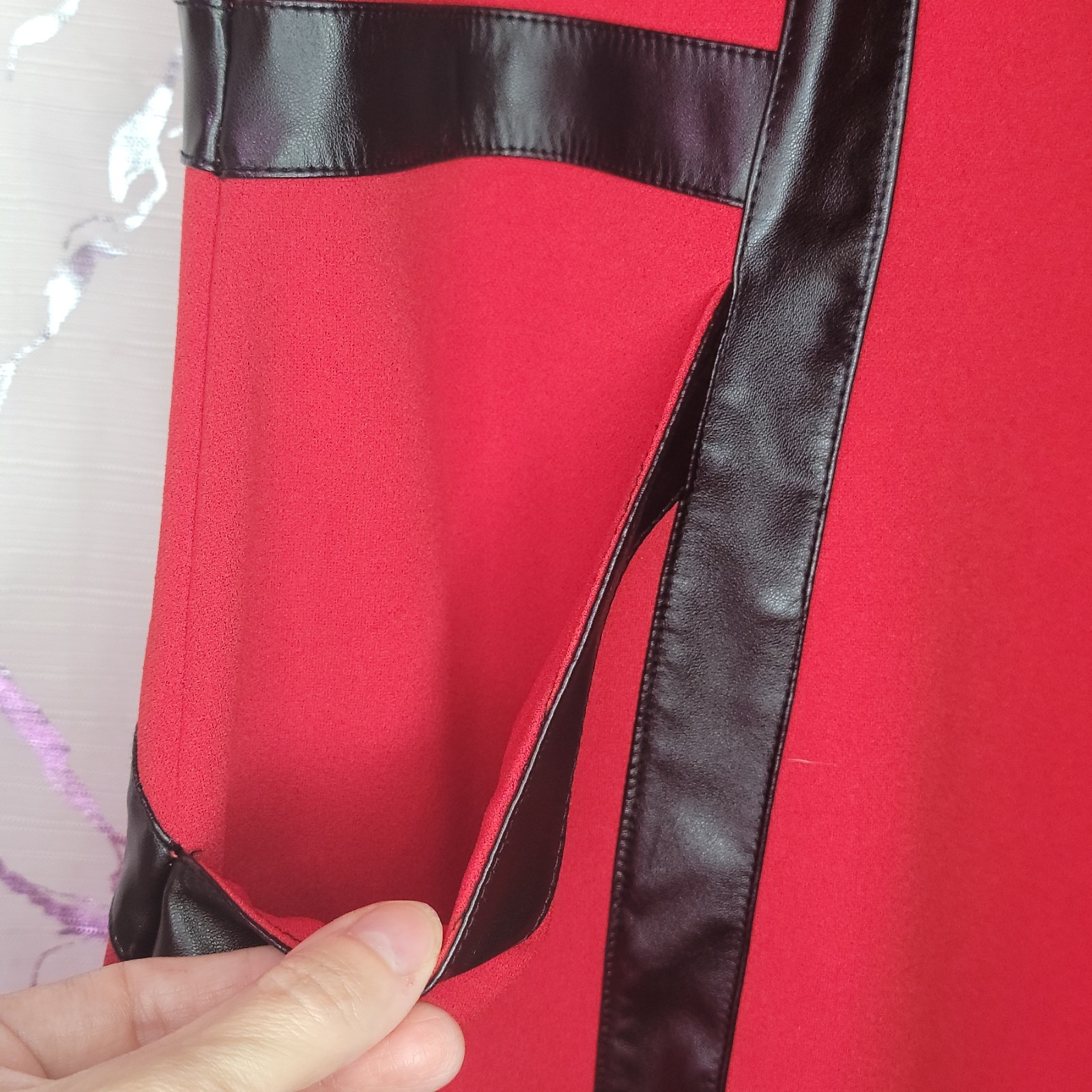 NY&C Red Bodycon Dress With Black Leather Trim And Pockets