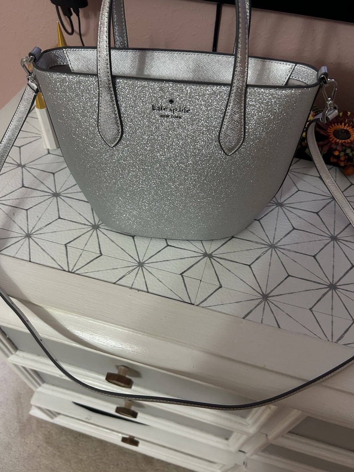 kate spade new york Silver Glitter Small Tote Zip Purse w/ Detachable Strap
