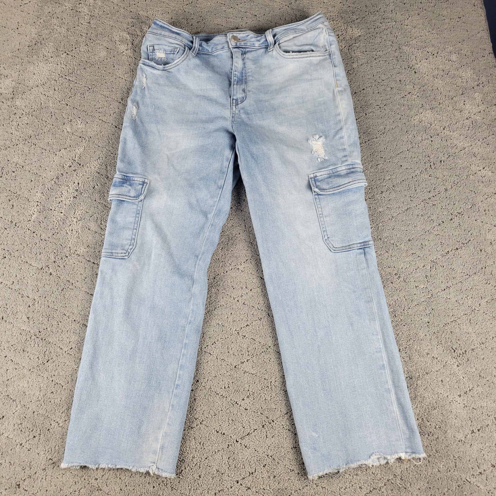 Flying Monkey Jeans Womens 31 Blue Cargo Relaxed Straight Leg Distressed Denim