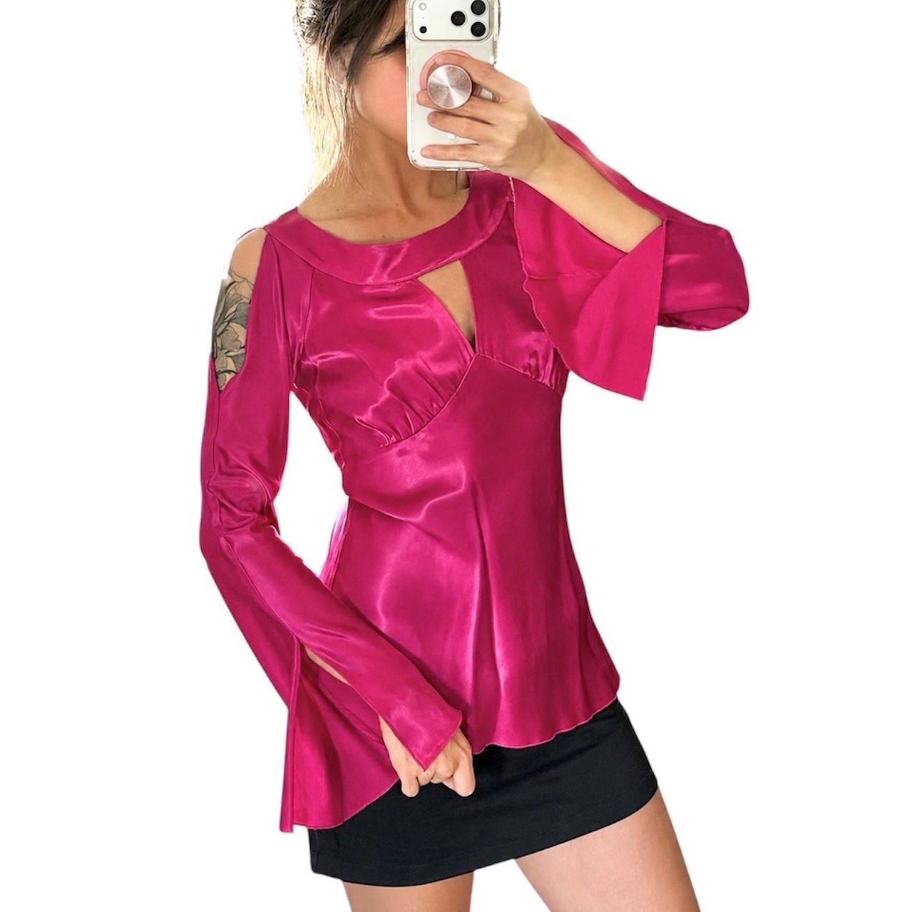 Cache Womens Fuchsia Pink Satin Cold Shoulder Bell Sleeve Cutout Blouse Size 6