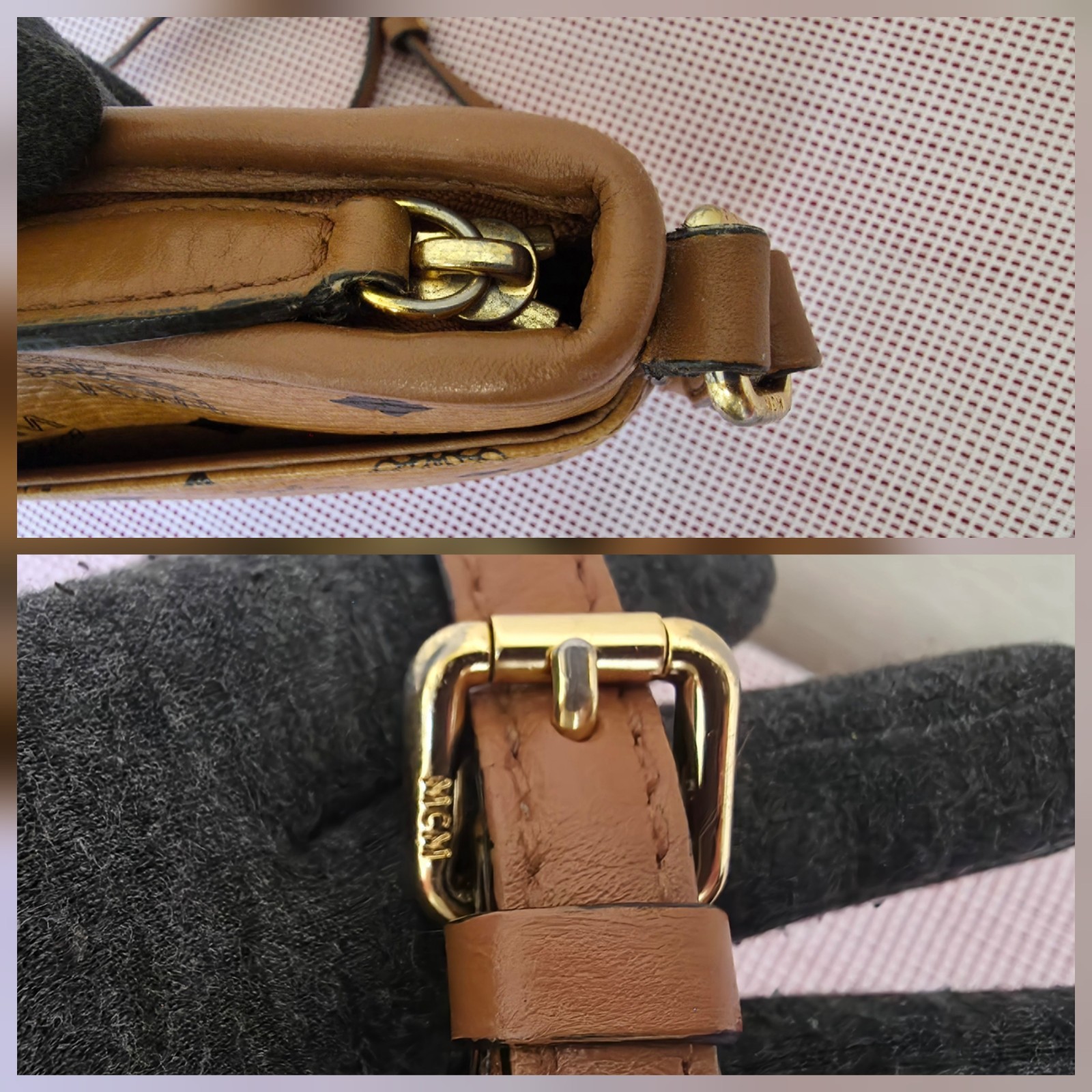 MCM Cognac Monogram Small Flat Shoulder Crossbody Bag AUTHENTIC