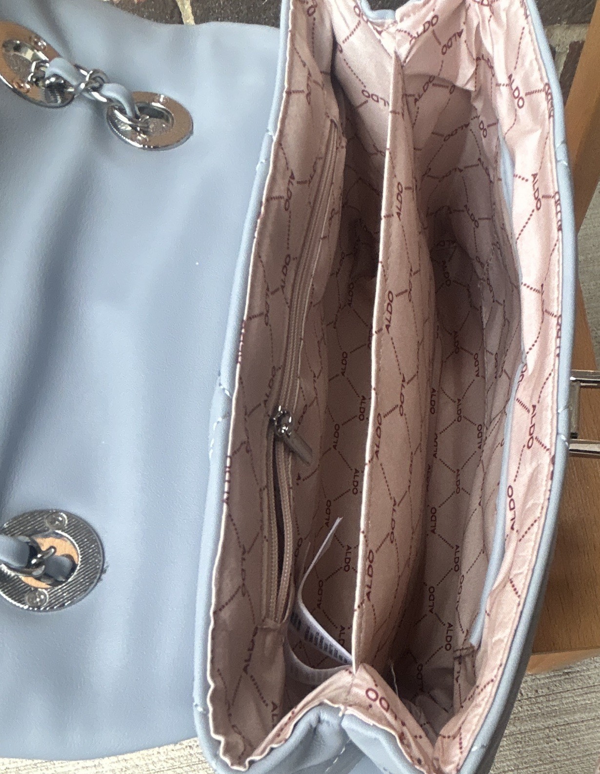 ALDO Light Blue Quilted Shoulder Bag, Chain Strap, Turn Lock, Pockets
