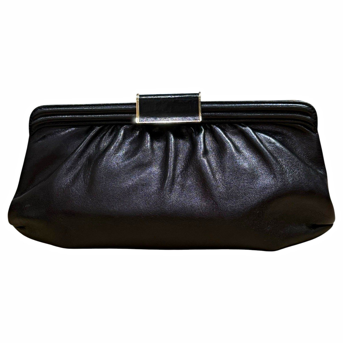Vintage Black Leather Frame Clutch Evening Bag Gold Tone Hardware Pleated