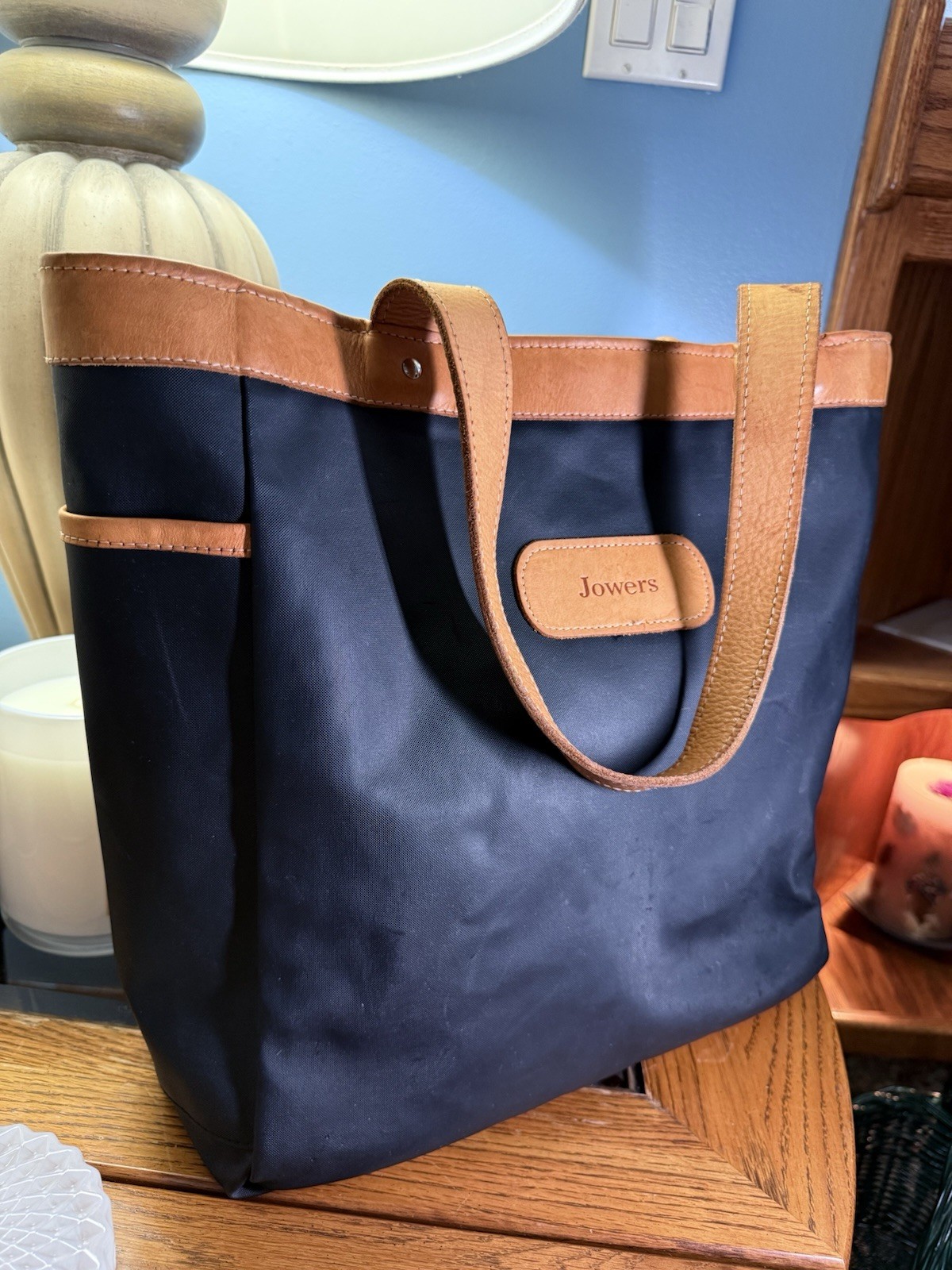 Jon Hart Design Navy Canvas Leather Large Tote Bag Travel Carryall Personalized