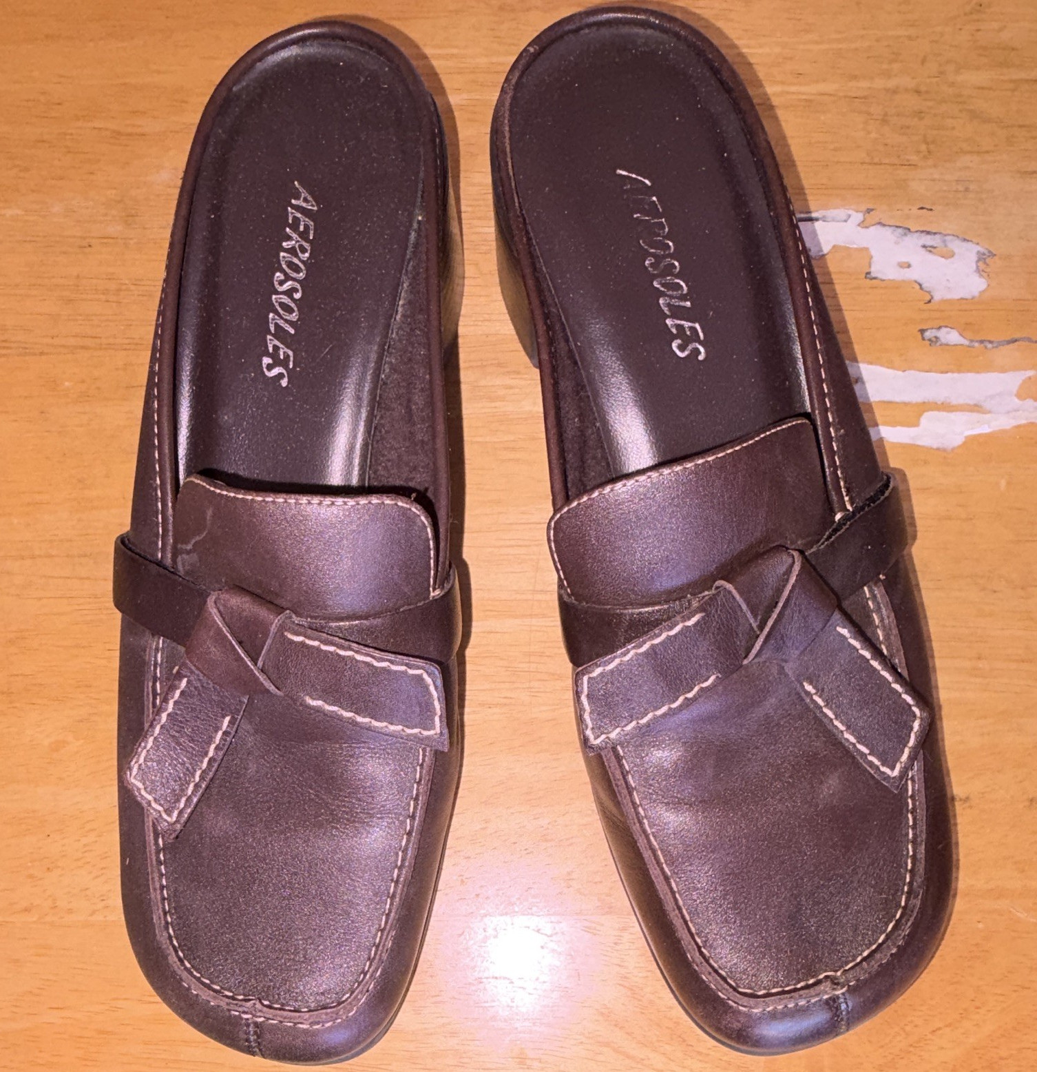 Aerosoles Women’s Brown Leather Mule Heels Slip-On Square Toe Block, US 7 M