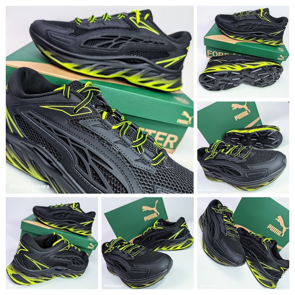 Puma US 12 Men’s Black Electric Lime Comfort Mesh Runner Retro Exotek Nitro NIB