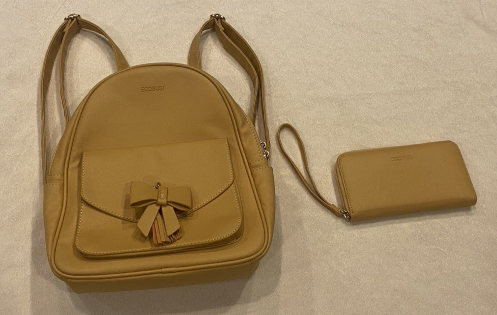 New! ECOSUSI Yellow Gold Backpack Purse & Matching Wristlet Wallet PU Leather