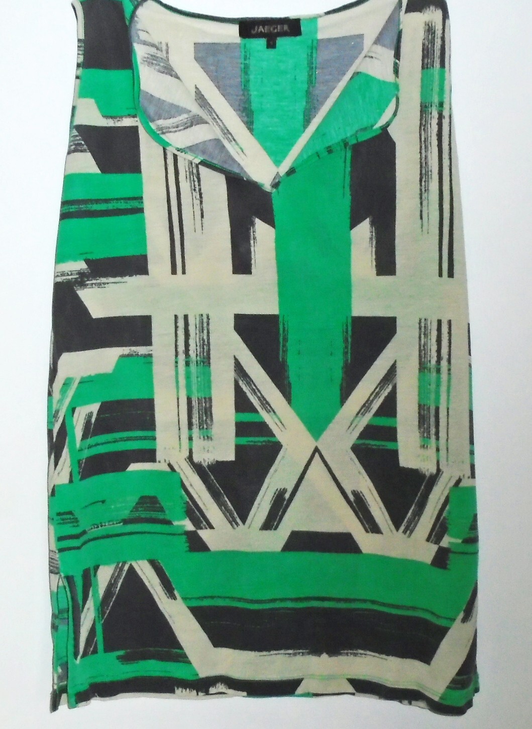 Jaeger Geometric Top beige green black geo sleeveless jersey Size M Medium vgc