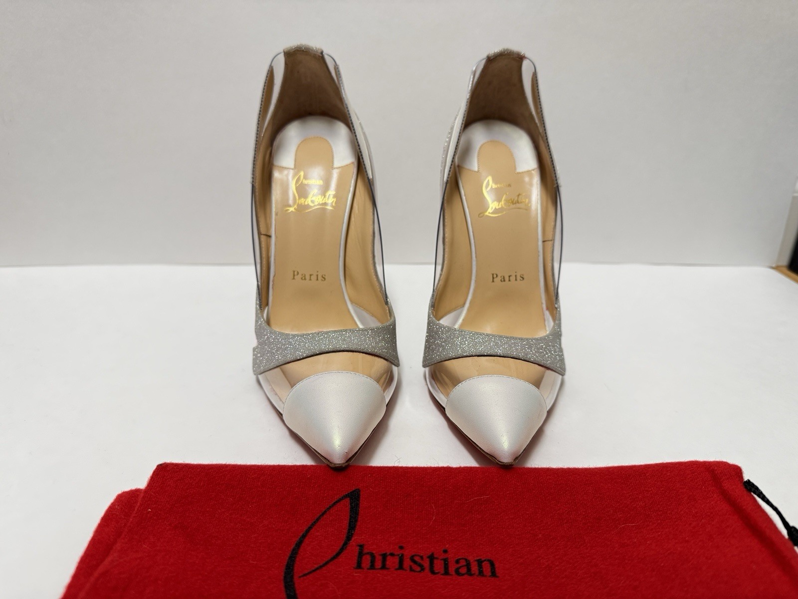 Christian Louboutin Blake Is Back 120mm White Silver Glitter PVC Size EU 38.5