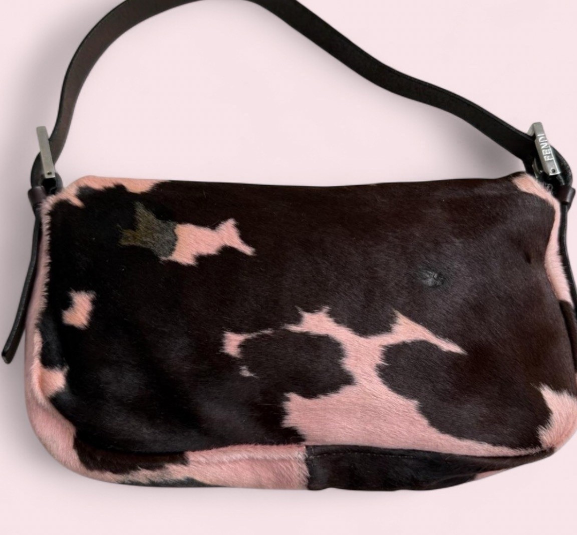Fendi Pony Hair Print Shoulder Bag FF Buckle, Magnetic Closure Pink/Brown