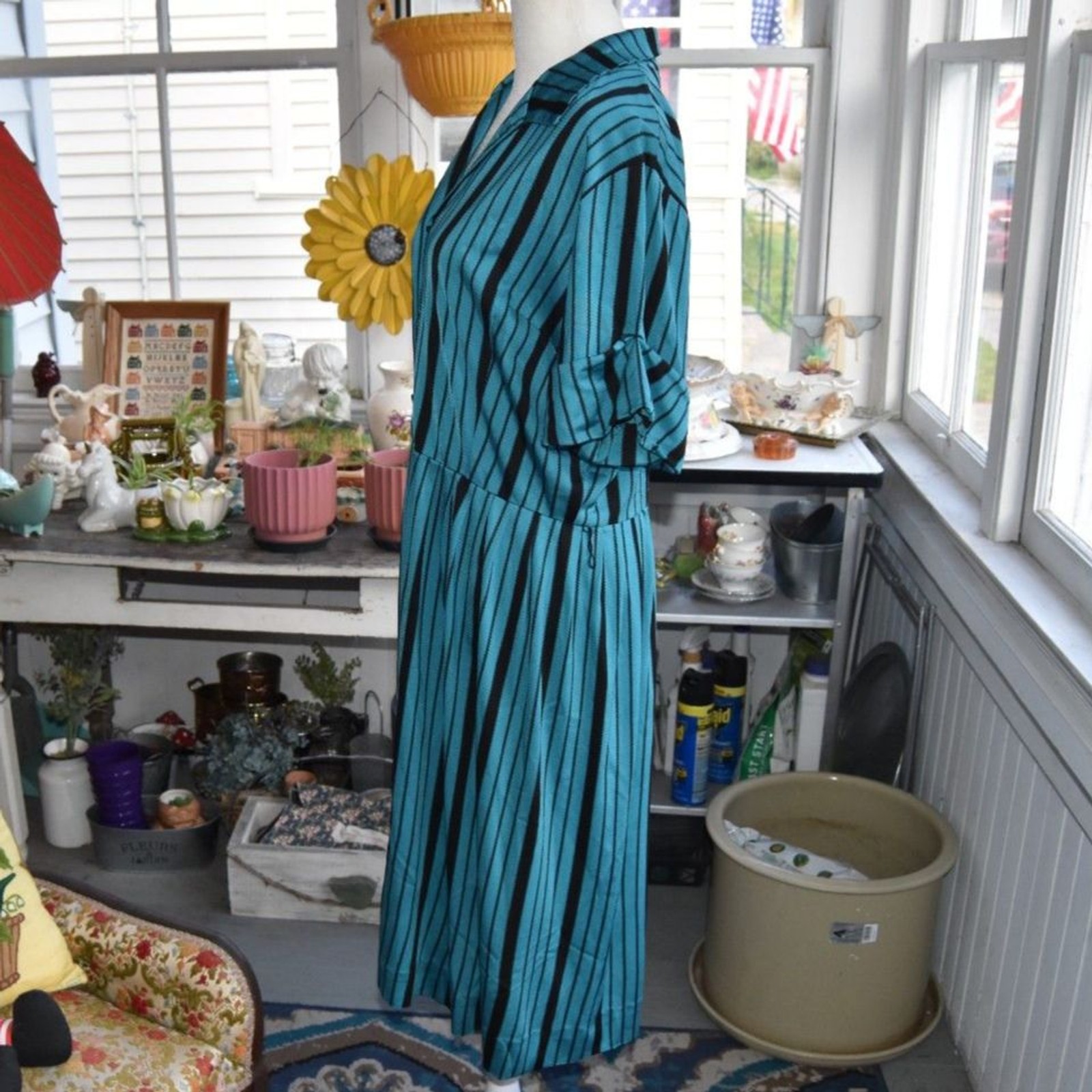 Vintage 60s Mode O’Day Mod Stripe Dress Blue Black Shirtwaist Midi L