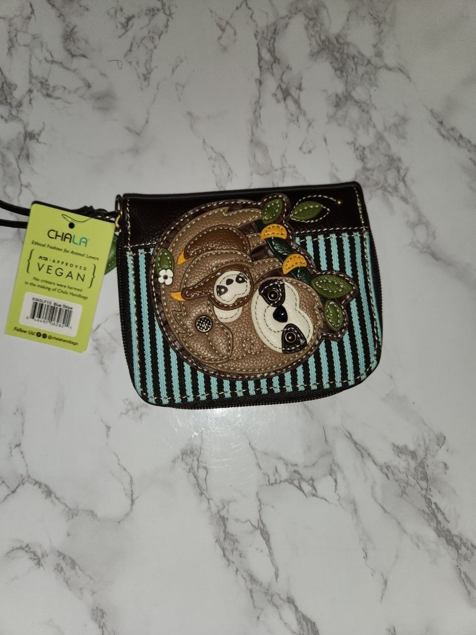 NWT Chala Sloth With Baby Zip Around Wallet Organizer Blue Stripe Vegan Leather