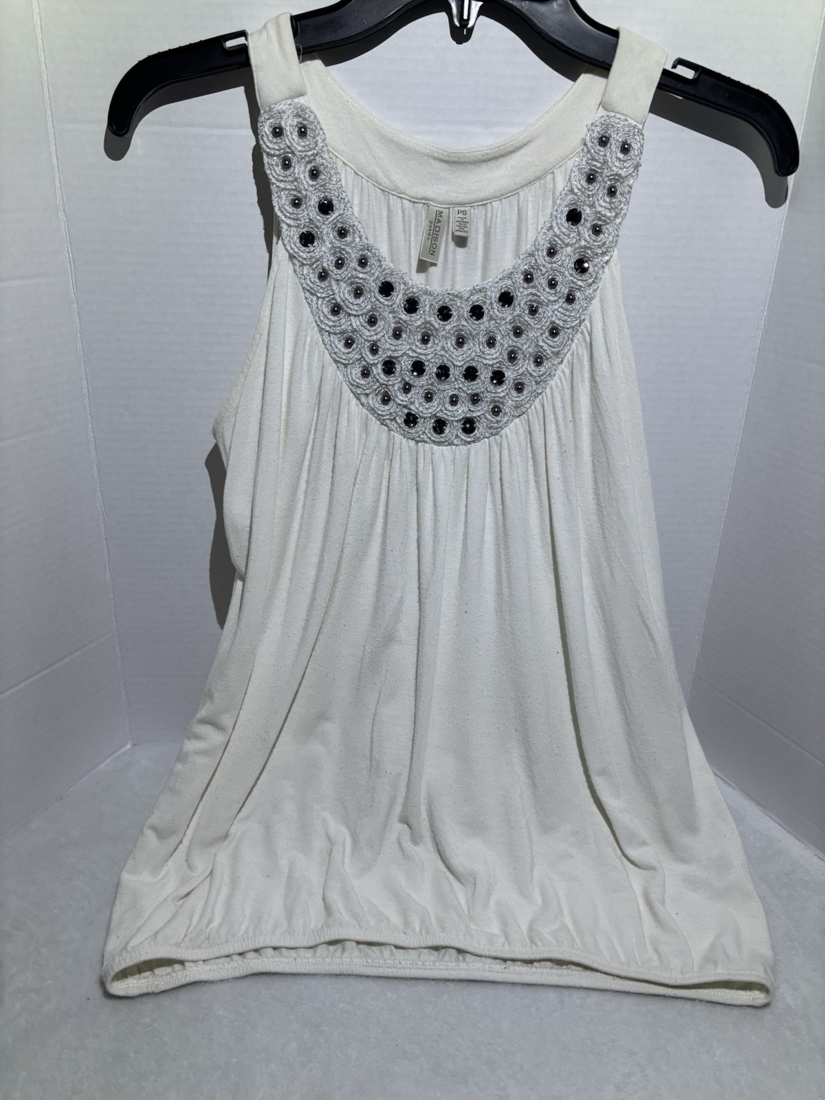 Madison Petite White Tank Top Embellished Silver Beads & Gray Stones Neckline