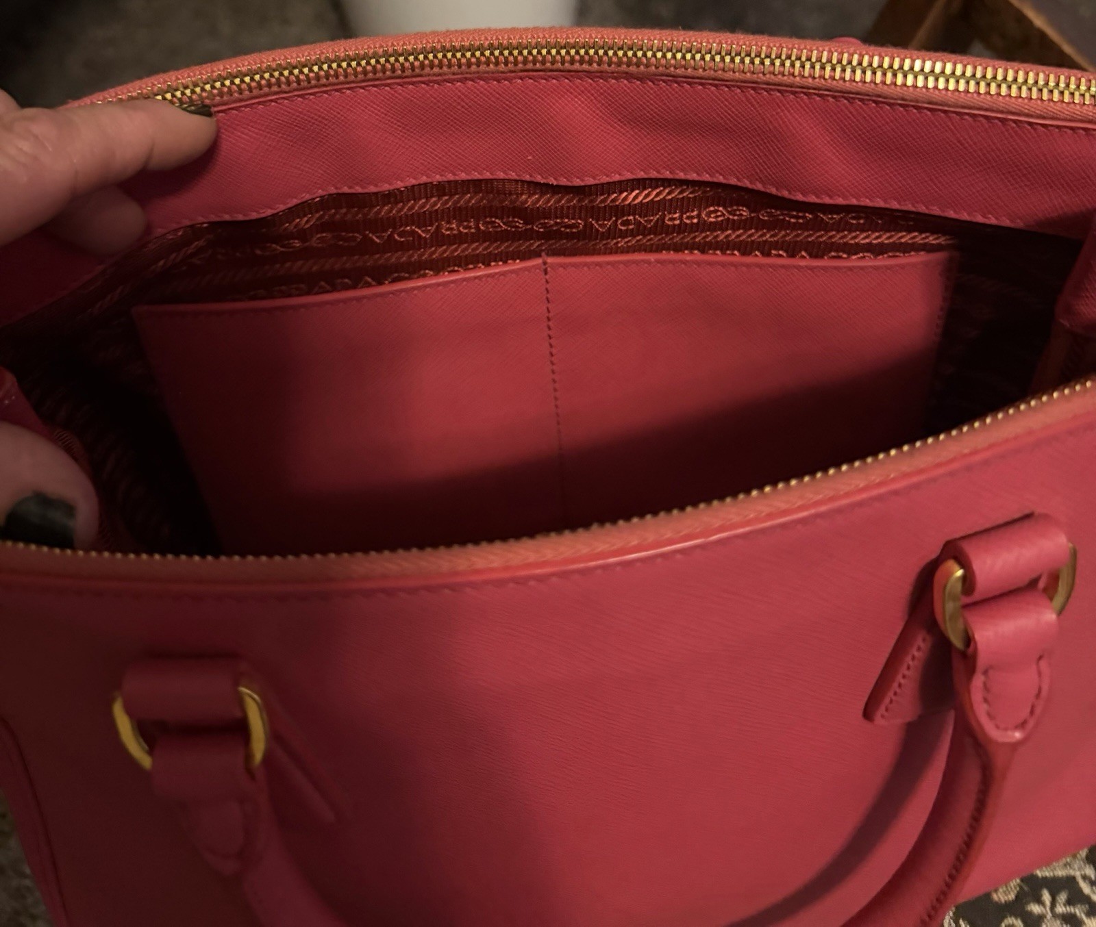 PRADA Pink Saffiano Satchel Top Handle Bag Zip, Detachable Strap, Gold