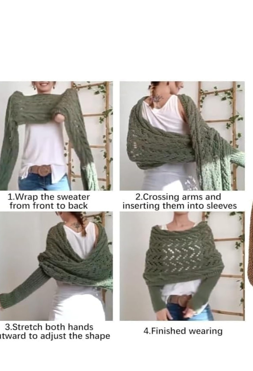 Knitted Cable Wrap Sweater Scarf with Sleeves Women’s Army Green