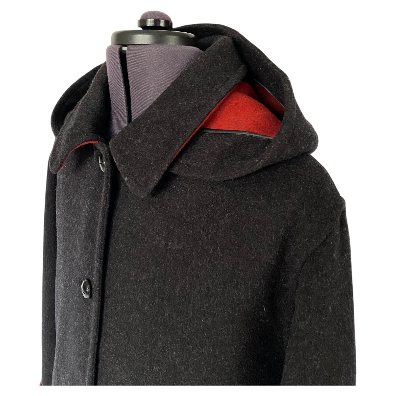 LODENFREY Hooded Coat Black Charcoal Virgin Wool Red Trim Ladies UK 18 D/A 44