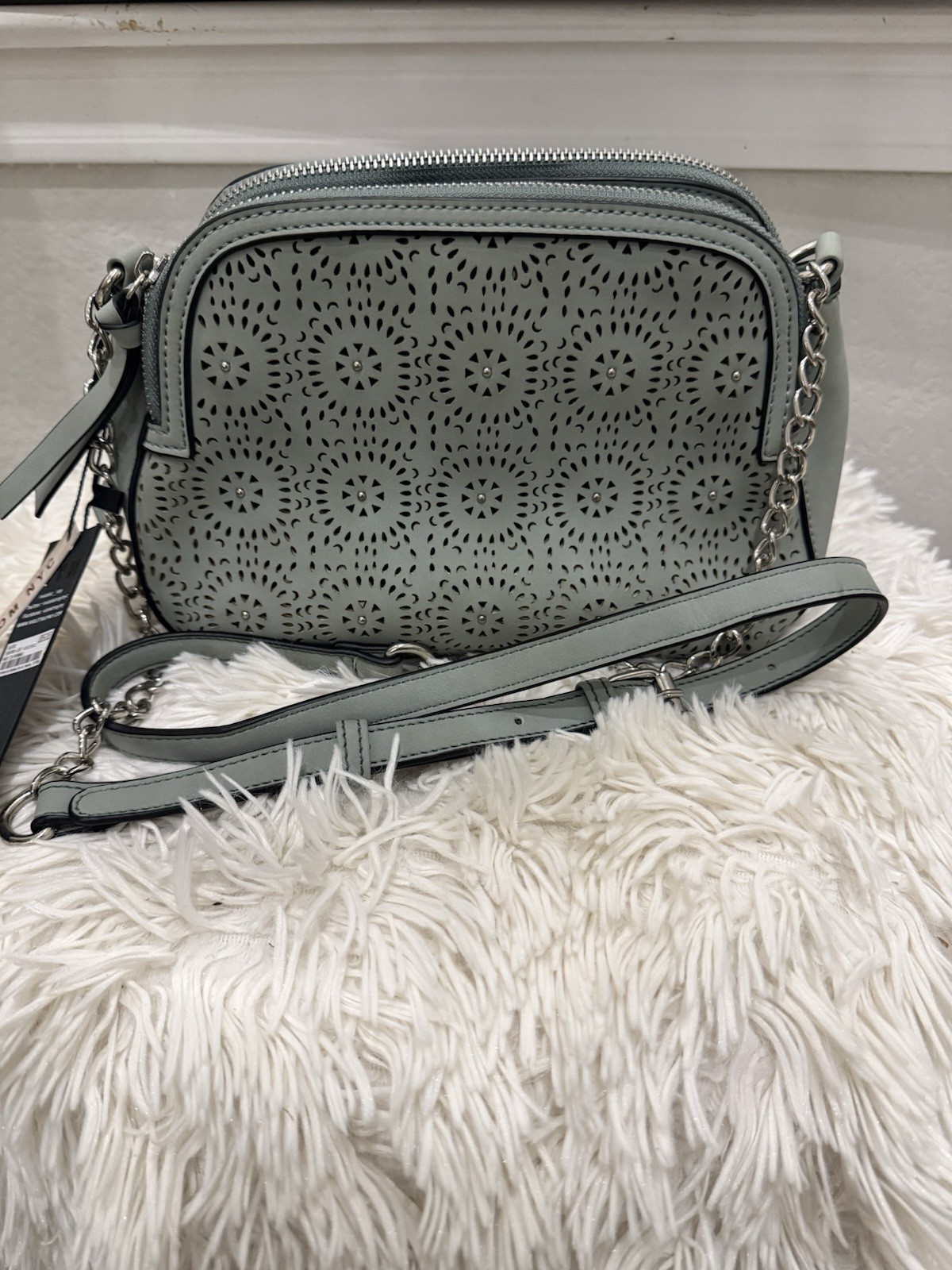 Violet Ray Gray Perforated Crossbody Bag Detachable Chain Strap Zip Silver