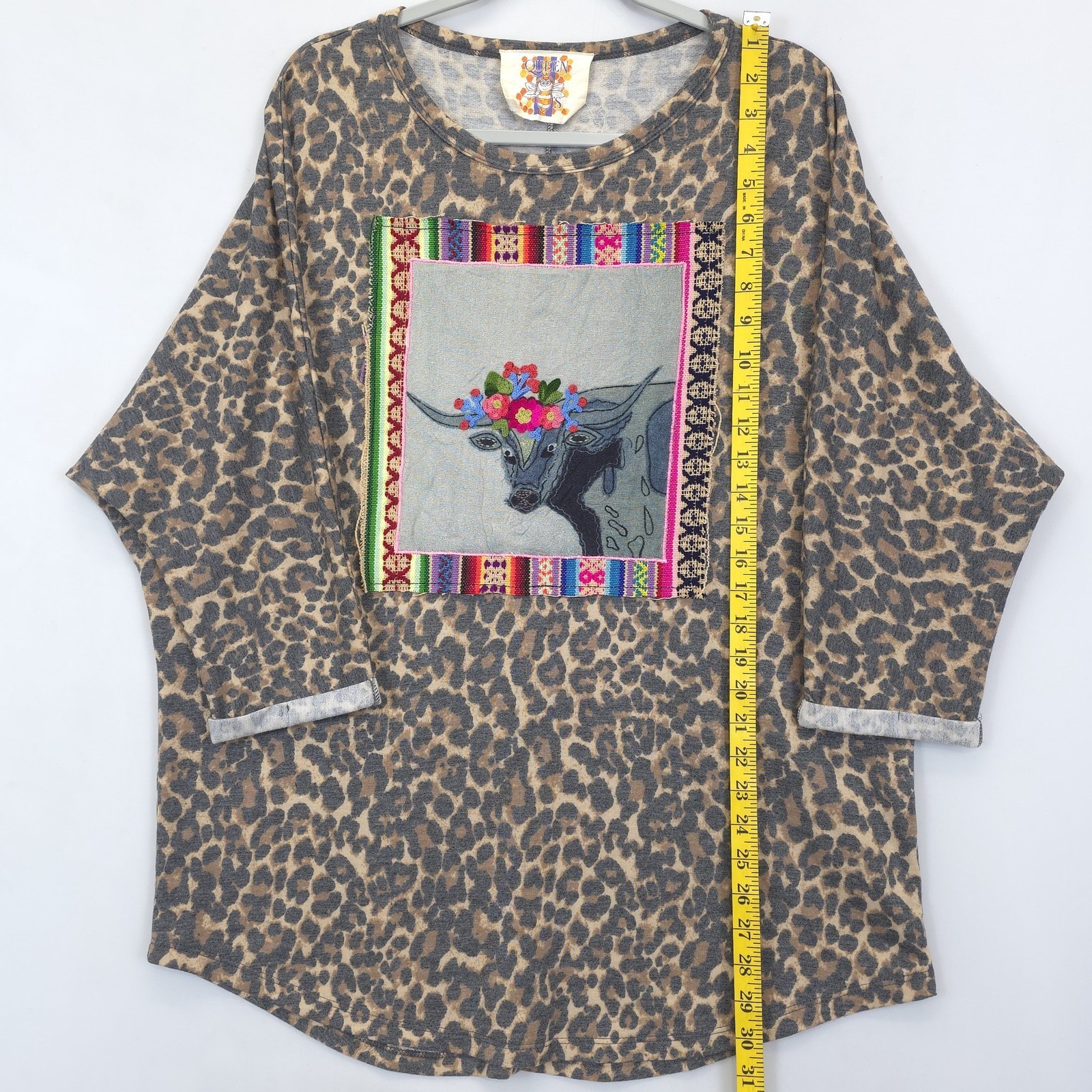 Queen Bee’s Womens XL Dolman Sleeve Leopard Top Folk Art Cow Patch Boho Western