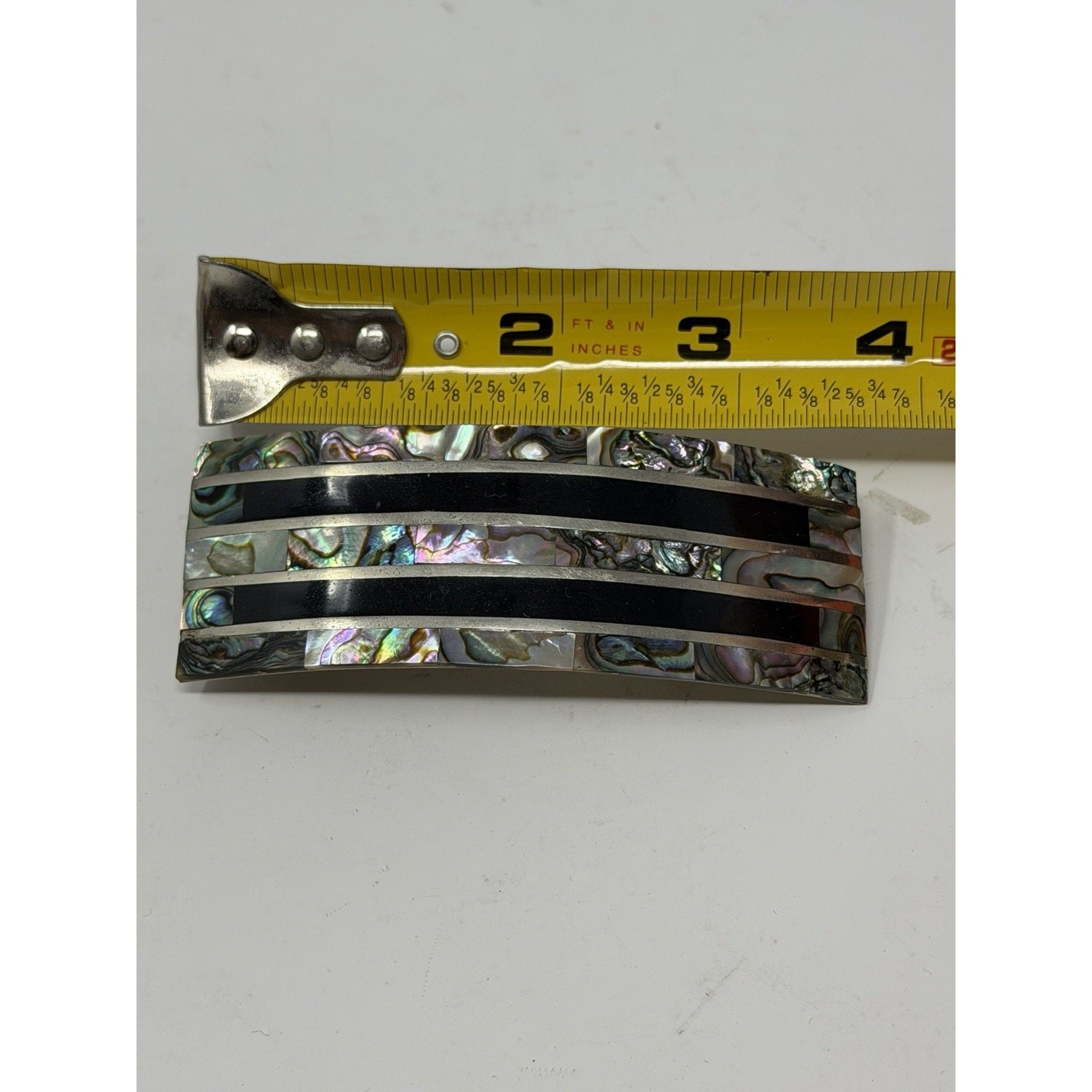 Vintage Nickel Silver Abalone Inlay Rectangular Hair Clip Mexico Beach Mermaid