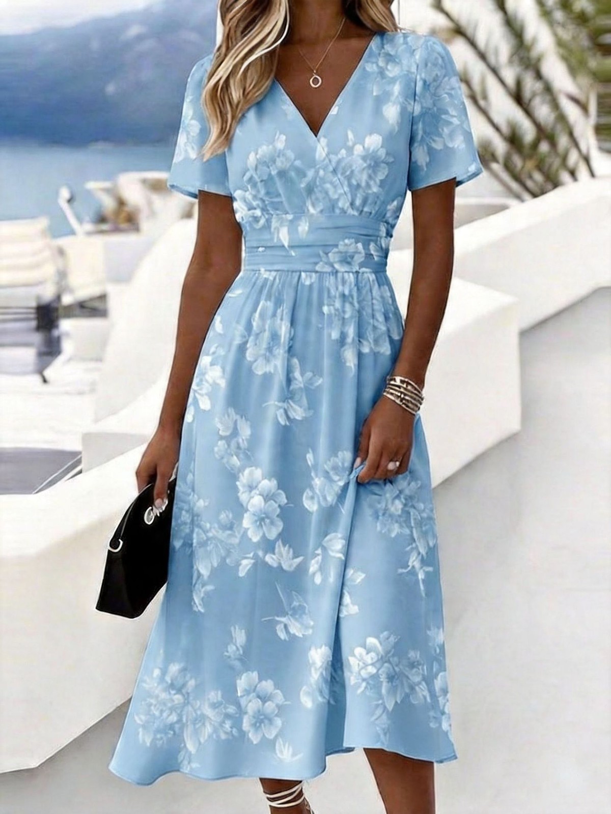 NEW Floral 3D Digital-print V-neck Short-sleeve Dress Sizes S-4XL