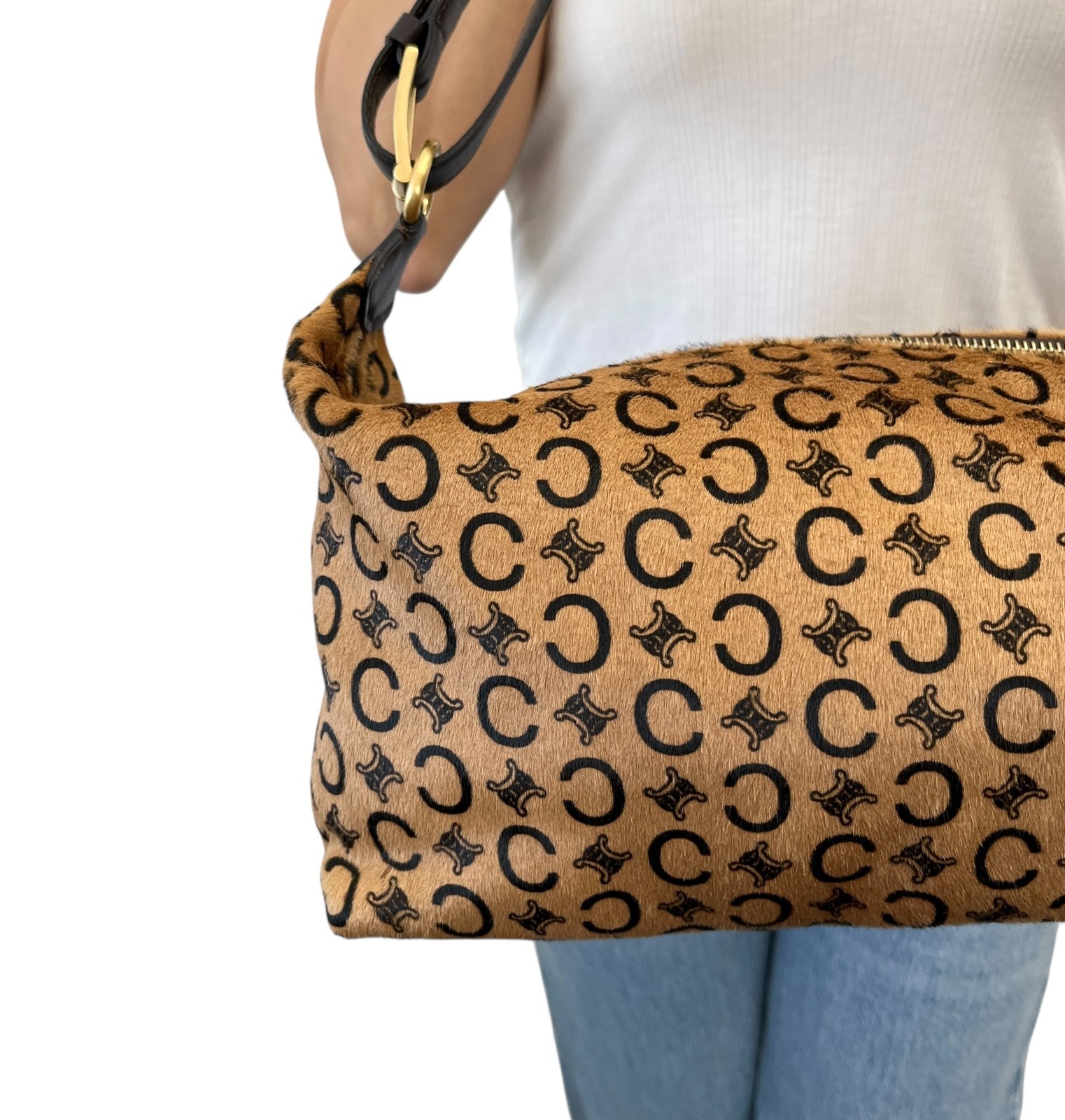 CELINE Vintage C Macadam Logo Pony Calf Hair 2way Shoulder Bag Beige Brown