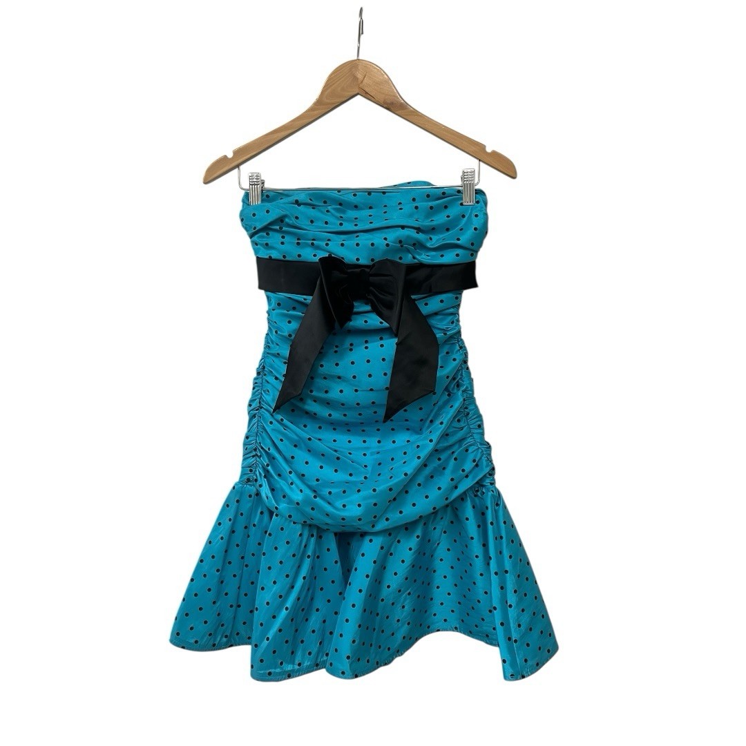 Betsey Johnson Y2K Blue Black Dot Taffeta Strapless Bow Prom Dress 2
