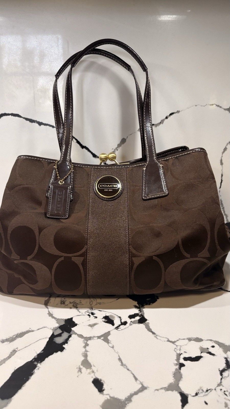 Coach Brown Signature Satchel Top Handle Kisslock Handbag Medium Lined