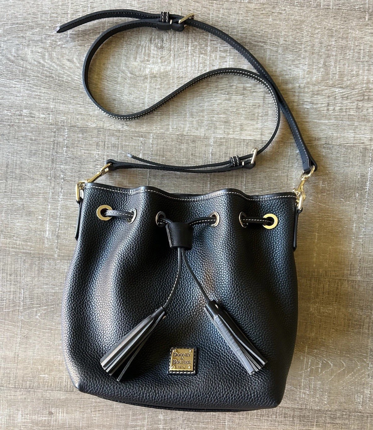 Dooney & Bourke Pebble Grain Leather Drawstring Bucket Bag Black Tassel